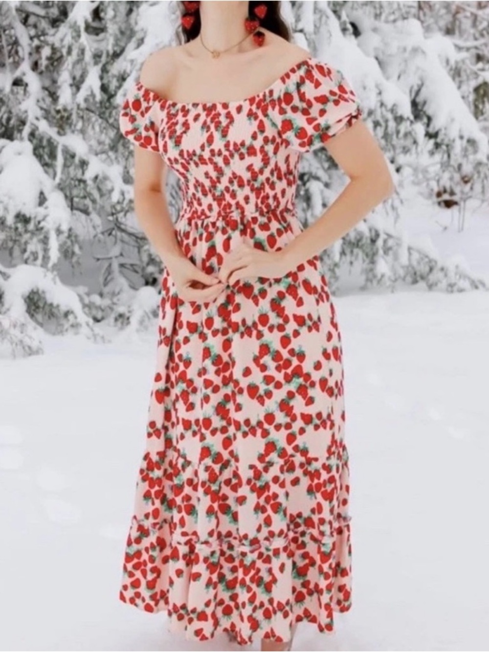 Off-Shoulder Strawberry Print Maxi Dress in Pink and Red